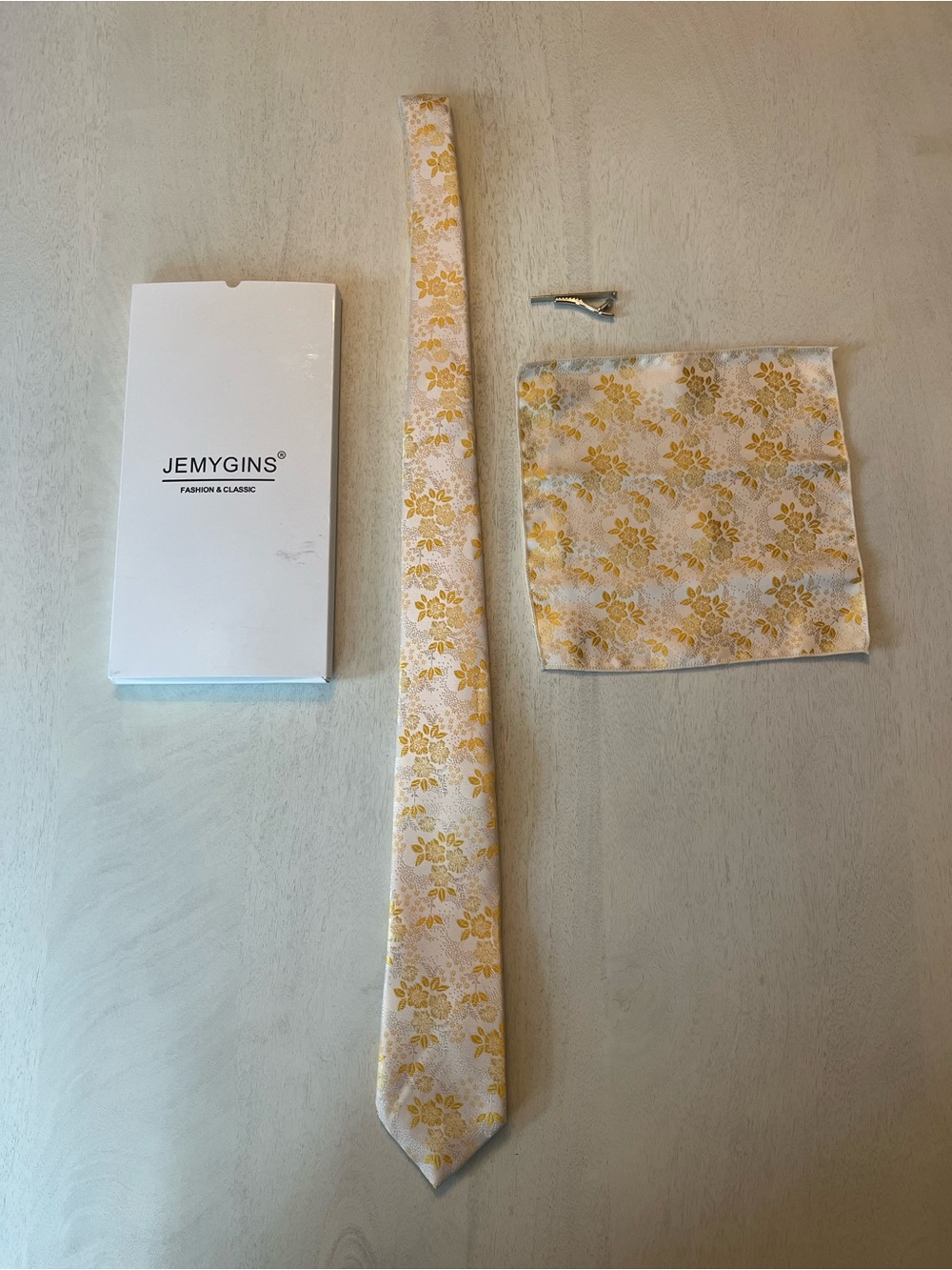 JEMY GINS Yellow Floral Tie Set with Matching Pocket Square and Silver Clip